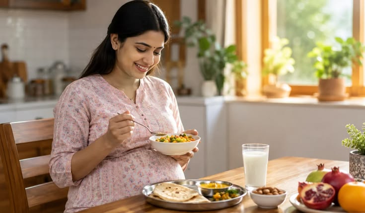 Pregnant Indian woman eating healthy home-cooked thali with dal, roti, fruits and milk