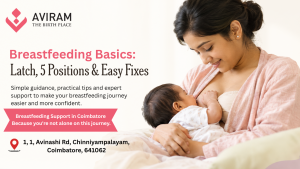 Mother learning breastfeeding basics while feeding her newborn in a cradle hold