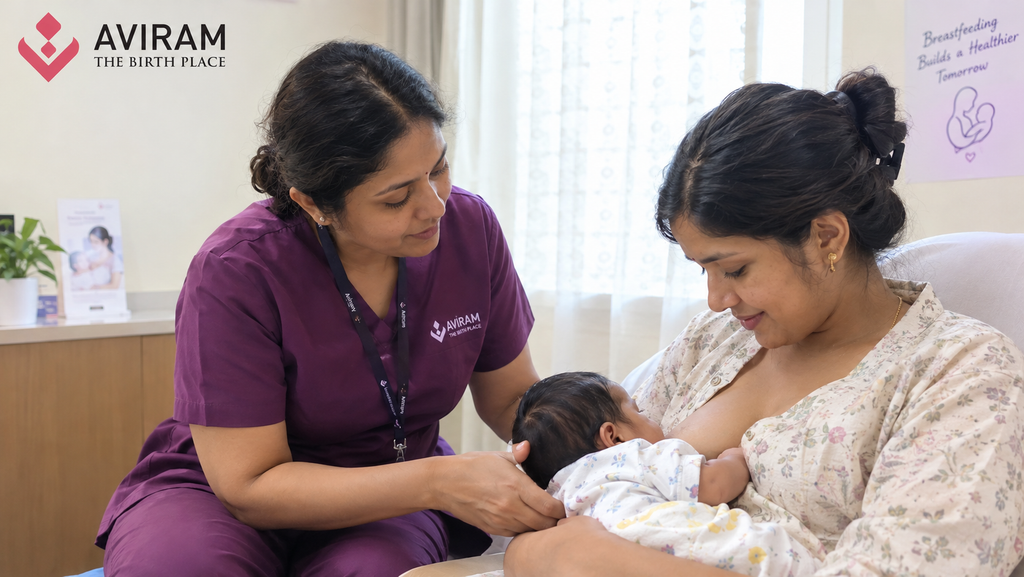 Lactation consultant guiding a new mother on breastfeeding at Aviram the Birth Place